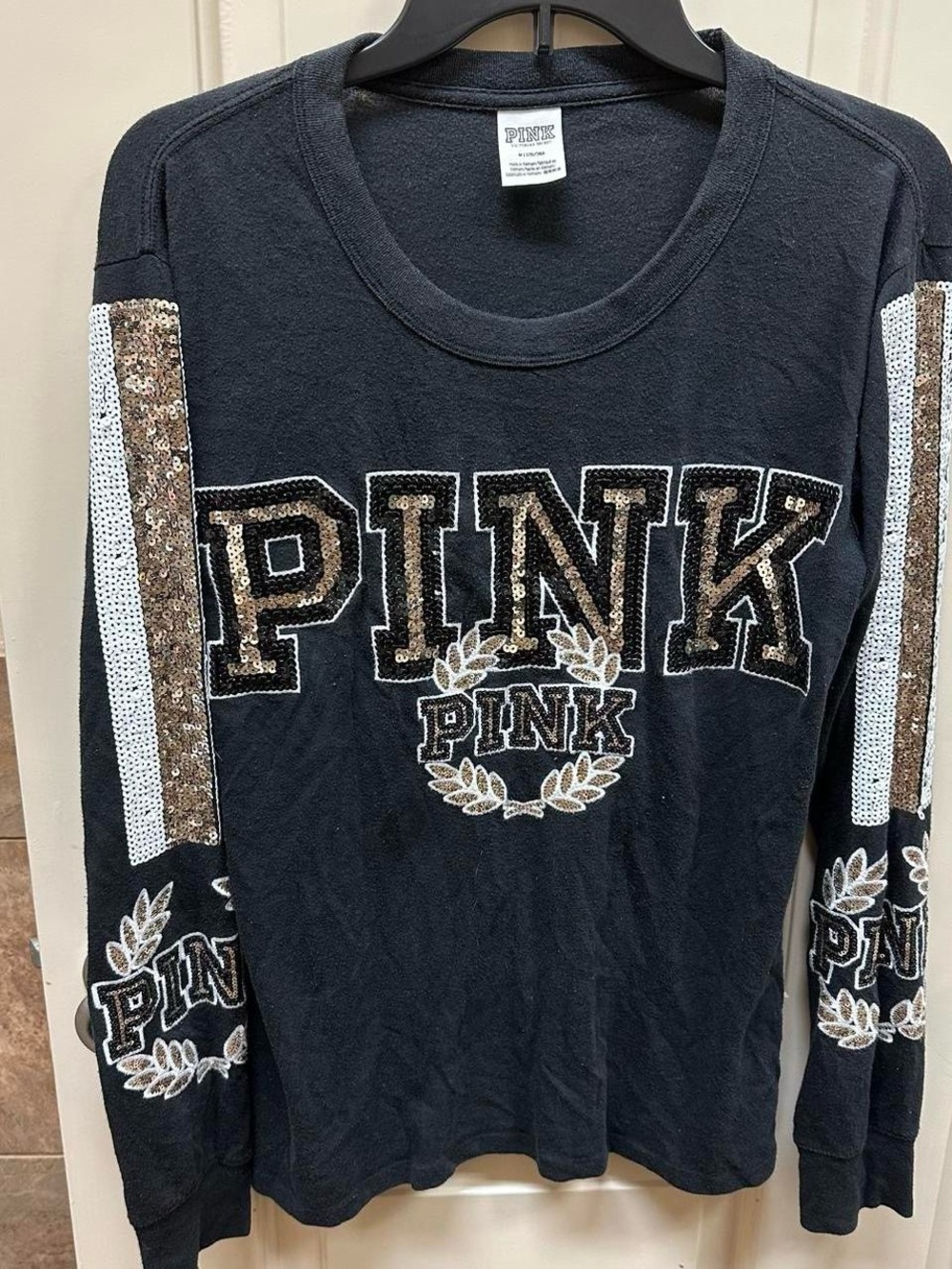 Grey Victoria's Secret PINK long sleeve shirt with gold and silver sequins.